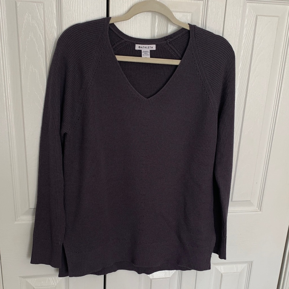 Athleta Deep Purple Knit Sweater V neck Merino Wool Blend Sz M